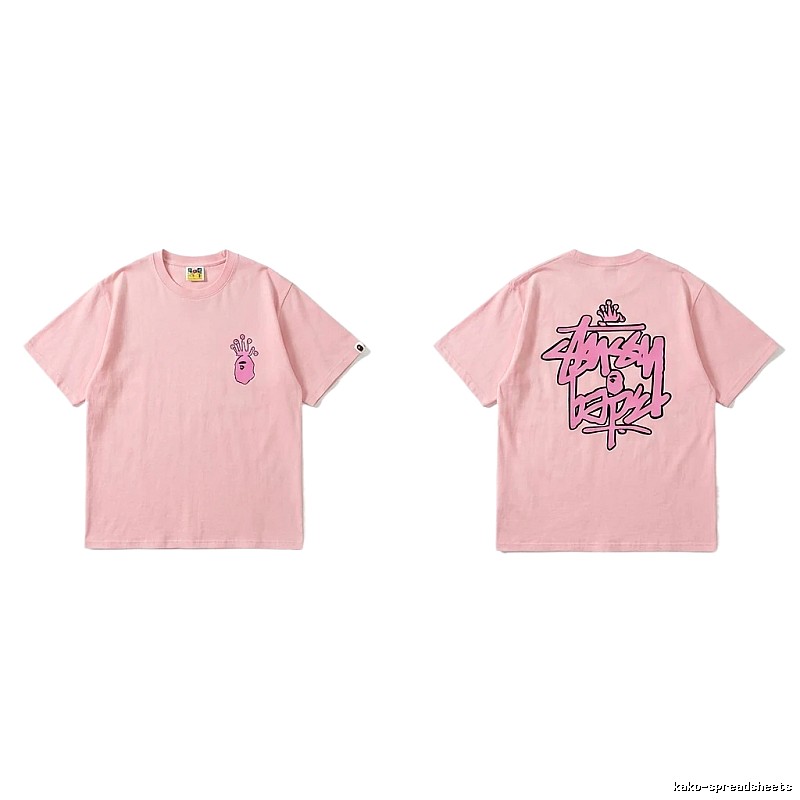 Bape Crown Print Trendy Cool Pink T-shirt