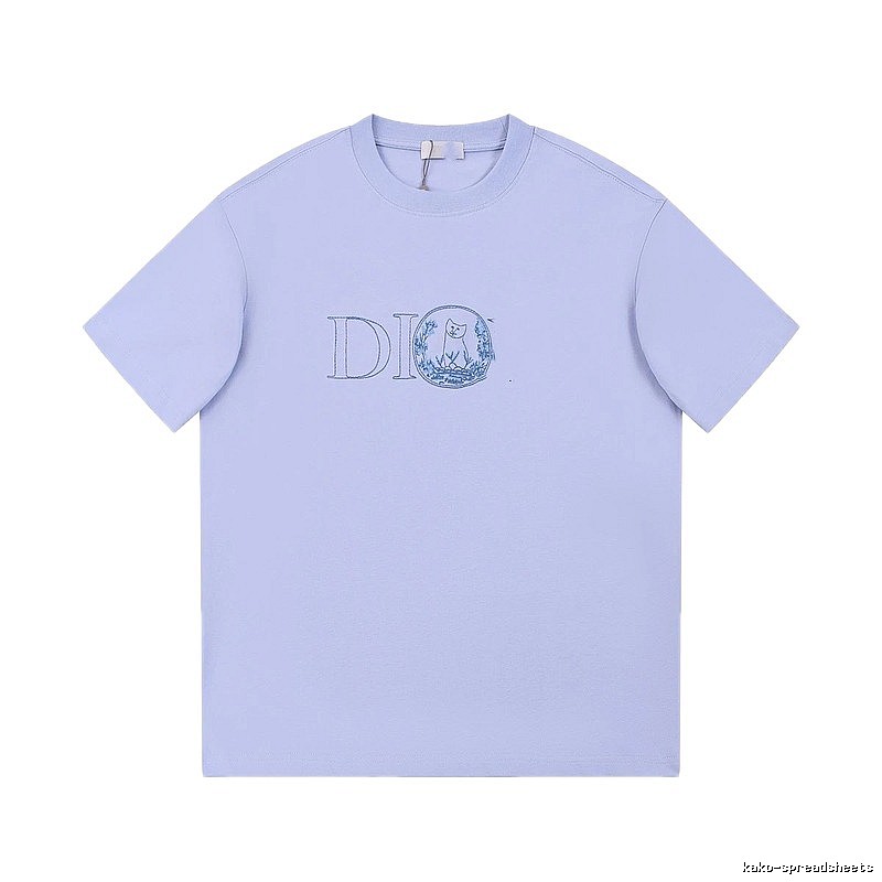 Dior Cat-Embroidered Casual Light Purple Short-sleeve T-Shirt
