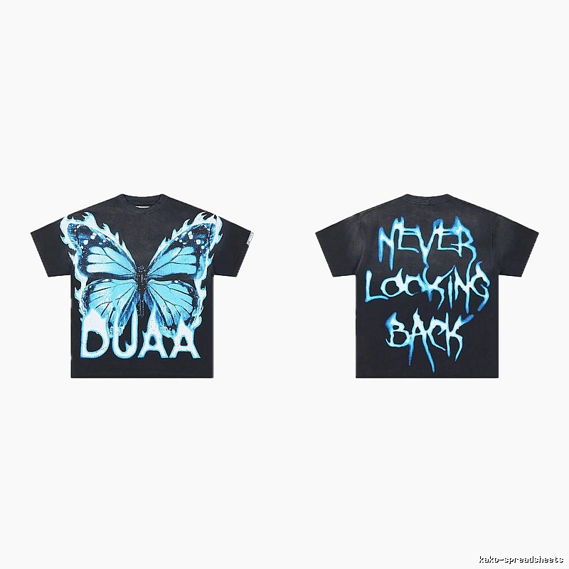 DUAA Butterfly Print Street Style Black and Blue Short-sleeved T-shirt