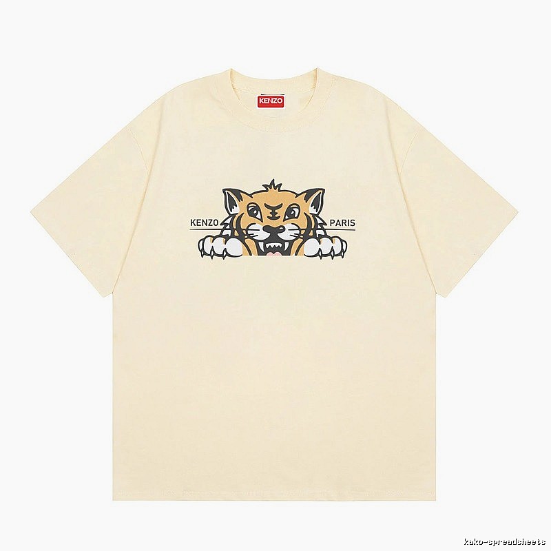 KENZO Tiger Head Print Streetwear Style Beige Short Sleeve T-Shirt