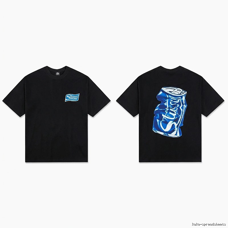 Stussy's black T-shirt with a can-style design